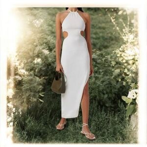 Rumer the Label Willow Cut Out Maxi Dress in Gold Sleeveless Halter Sheath